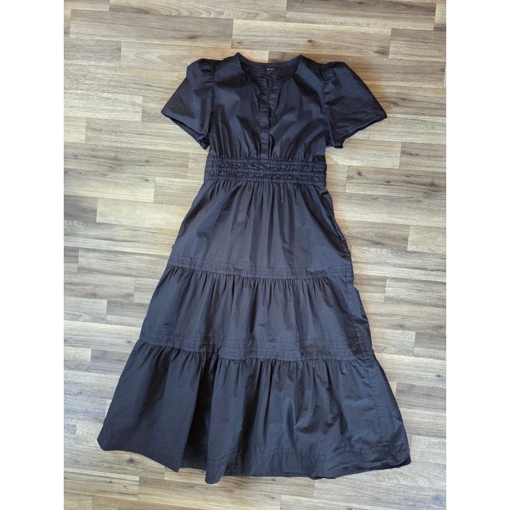 Quince 100% Organic Cotton Poplin Tiered Maxi Dress L Black Cottagecore
